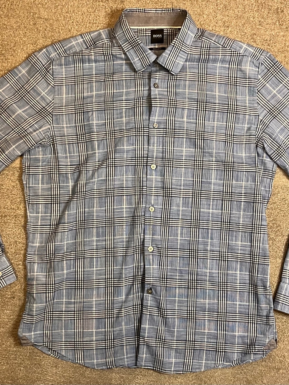 Hugo BOSS Men's Blue and White Checked Dress Shirt Size XL Preppy Academia A2-31